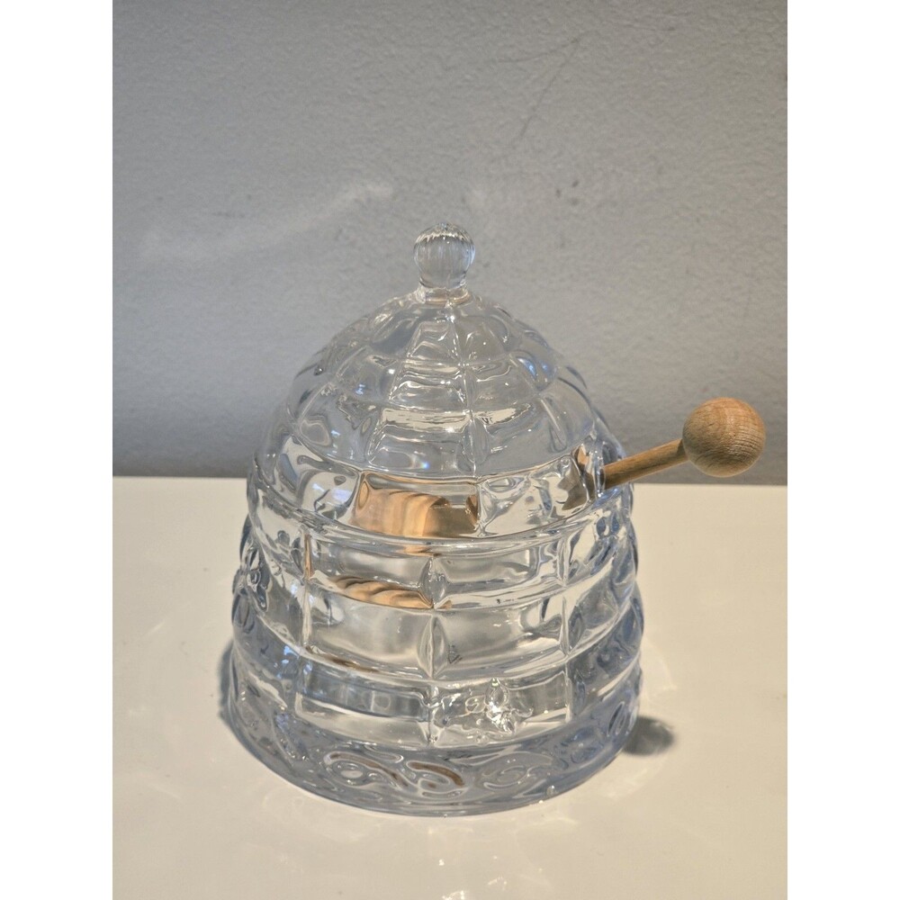 Studio Silversmiths Studio Crystal Beehive Honey Jar with Wooden Dipper Lead...